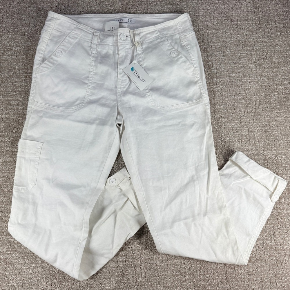 Level 99 Dahlia Cargo Pants White Tencel Roll Tab Women's 27 NWT Utility